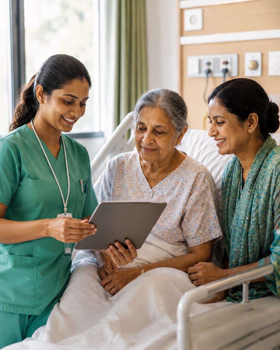 A nurse reviewing care with an elderly patient and her family