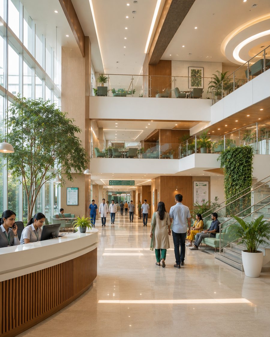 A bright, modern hospital atrium
